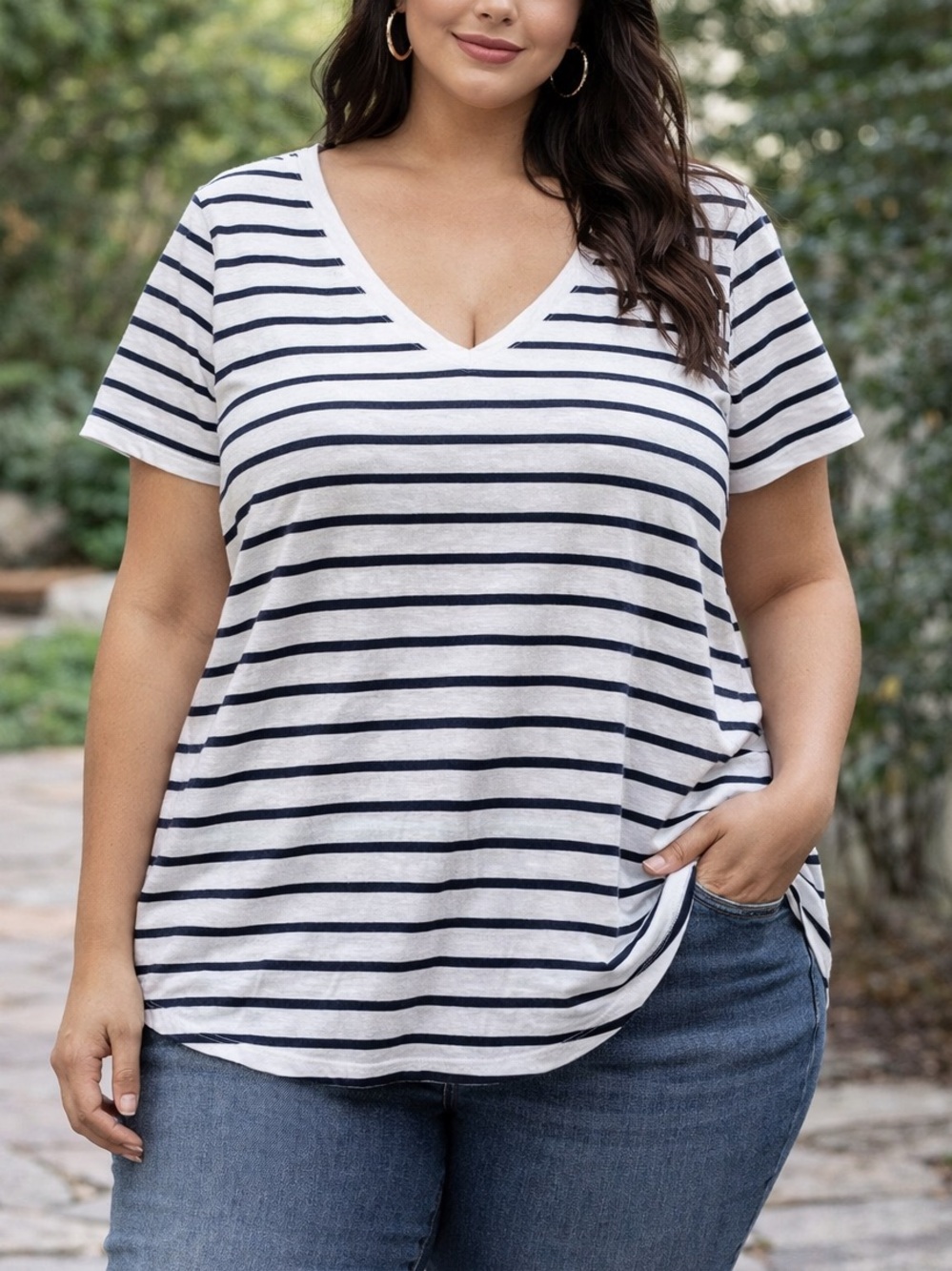 Old Navy Navy‎ and White Striped V-Neck Tee